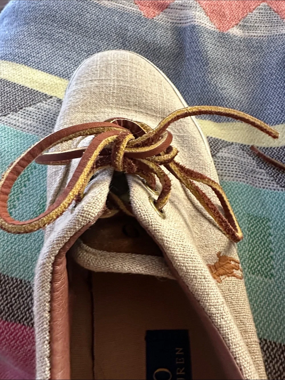 Polo by Ralph Lauren Beige Linen & Suede Boat Shoes with Brown Leather Laces 8.5